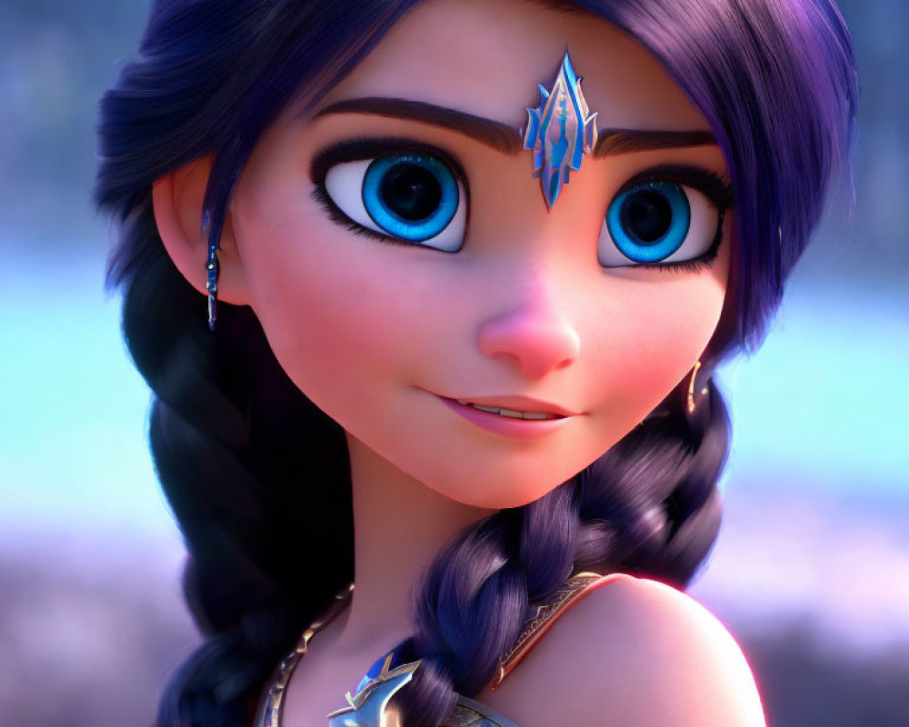 3D animated female character with blue eyes, braid, crystal tiara, icy background