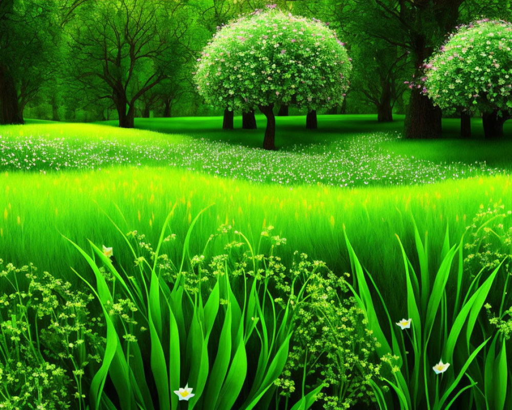 Lush green meadow with blooming flowers and verdant canopy