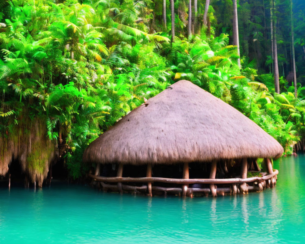 Thatched-Roof Hut on Stilts Over Turquoise Water