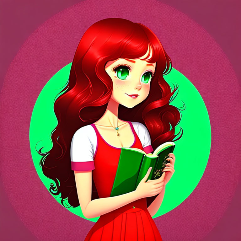 Vibrant red-haired girl with green eyes holding open book on pink and green background