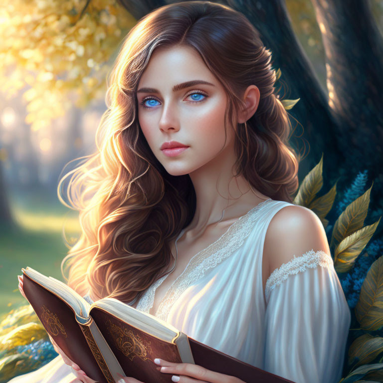 Woman with Blue Eyes and Brown Hair Reading Book in Sunlit Forest