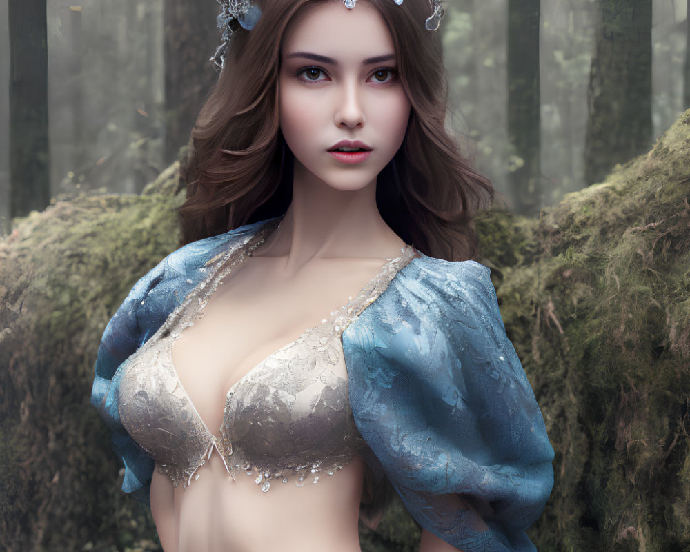 Fantasy-themed makeup woman in silver tiara amidst misty forest