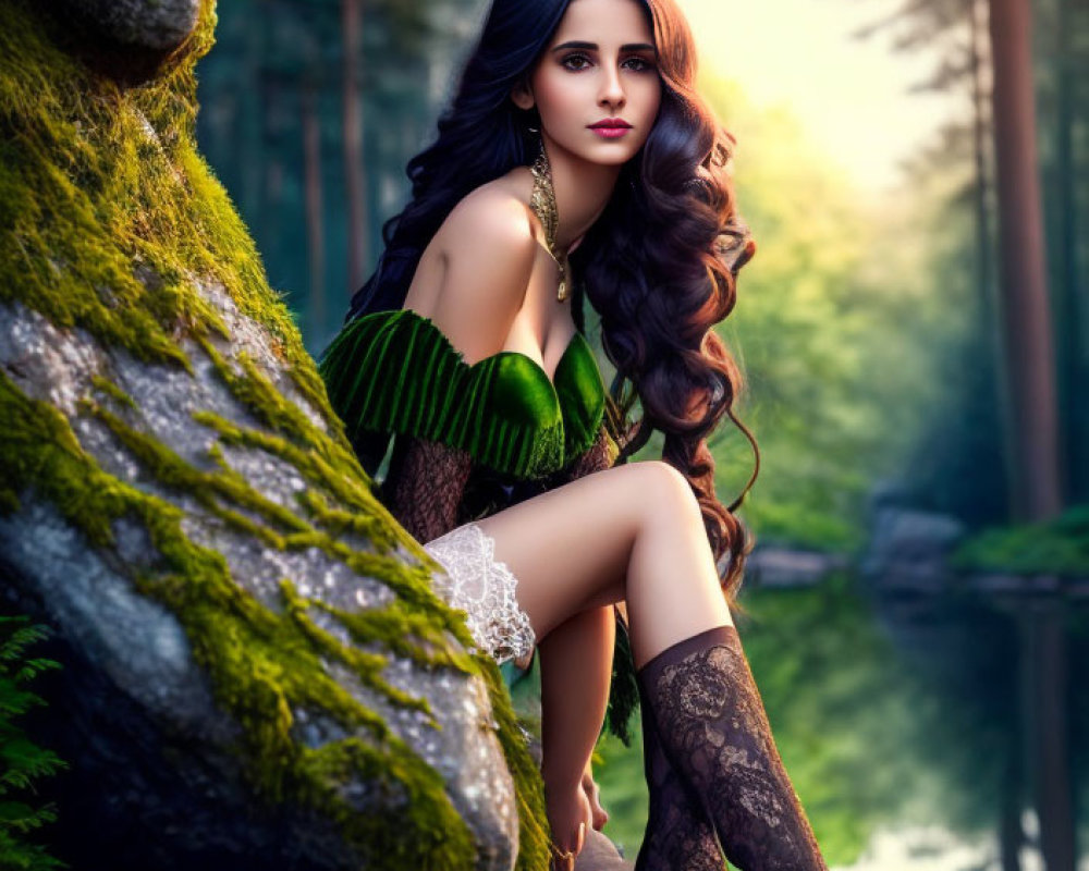 Woman in Green Dress Sitting on Rock in Forest with Sunlight Filtering Through Trees