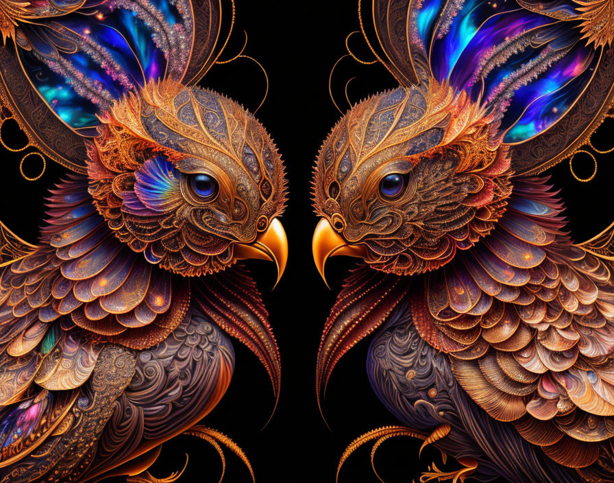 Mythological bird creatures with vibrant plumage on dark background
