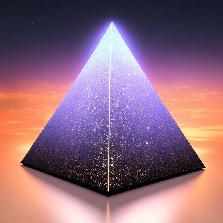 Glowing Pyramid with Starry Night Texture and Blue Beam in Sunset Sky