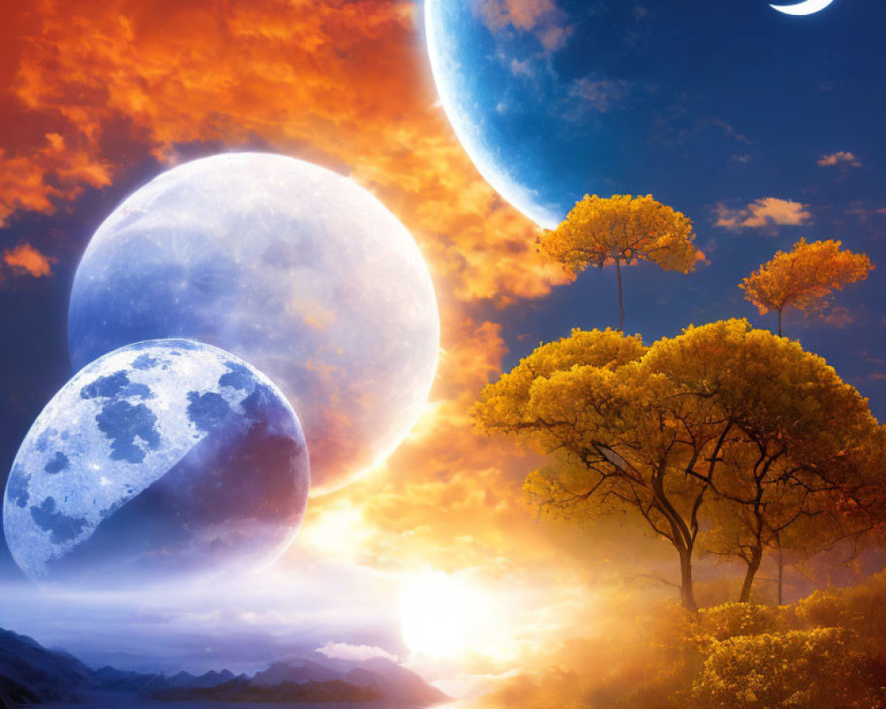 Vibrant sunset sky with oversized moons, colorful trees, and tranquil water body