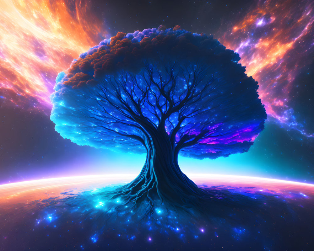 Colorful digital artwork: Tree against cosmic backdrop with radiant horizon & nebula clouds.