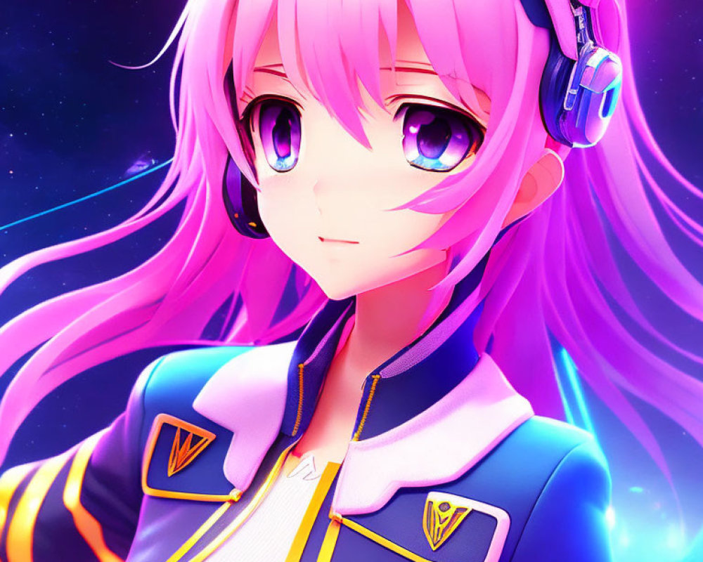 Vibrant purple-haired anime character in blue jacket against neon-lit backdrop