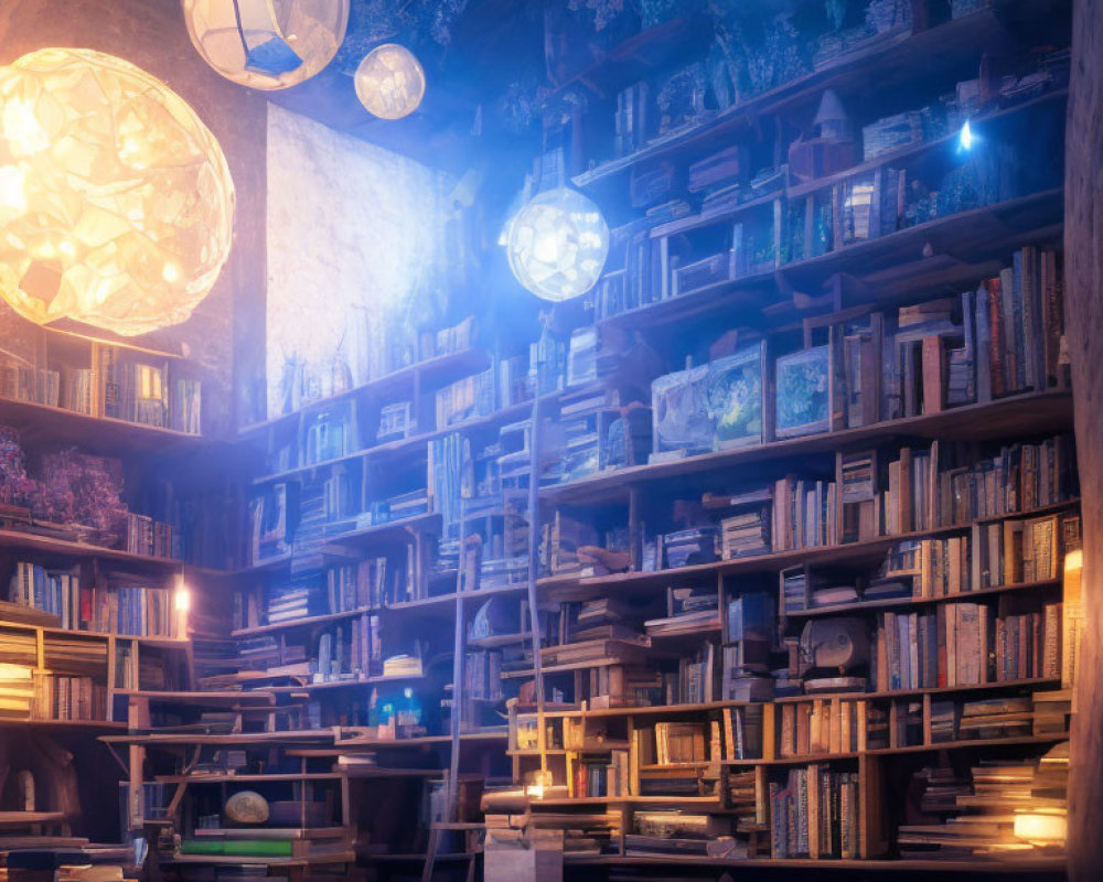 Overflowing bookshelves in enchanting attic library with magical orbs.