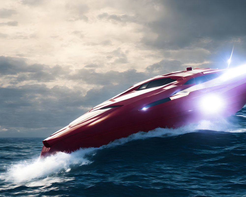 Red Speedboat Slicing Through Ocean Waves on Stormy Day