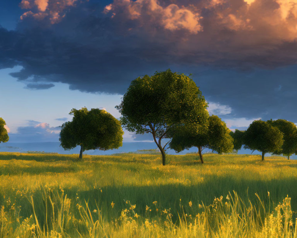 Tranquil landscape with green trees, golden field, and dramatic sky