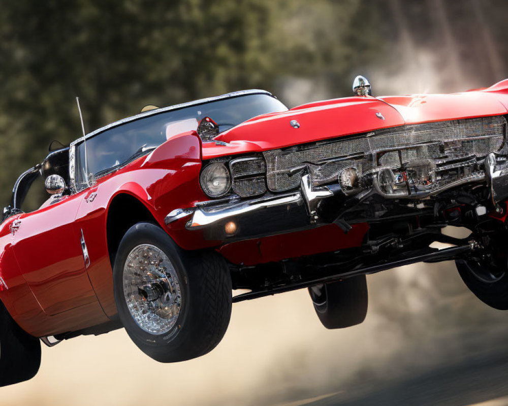 Red Vintage Convertible Car in Mid-Air with Forest Background