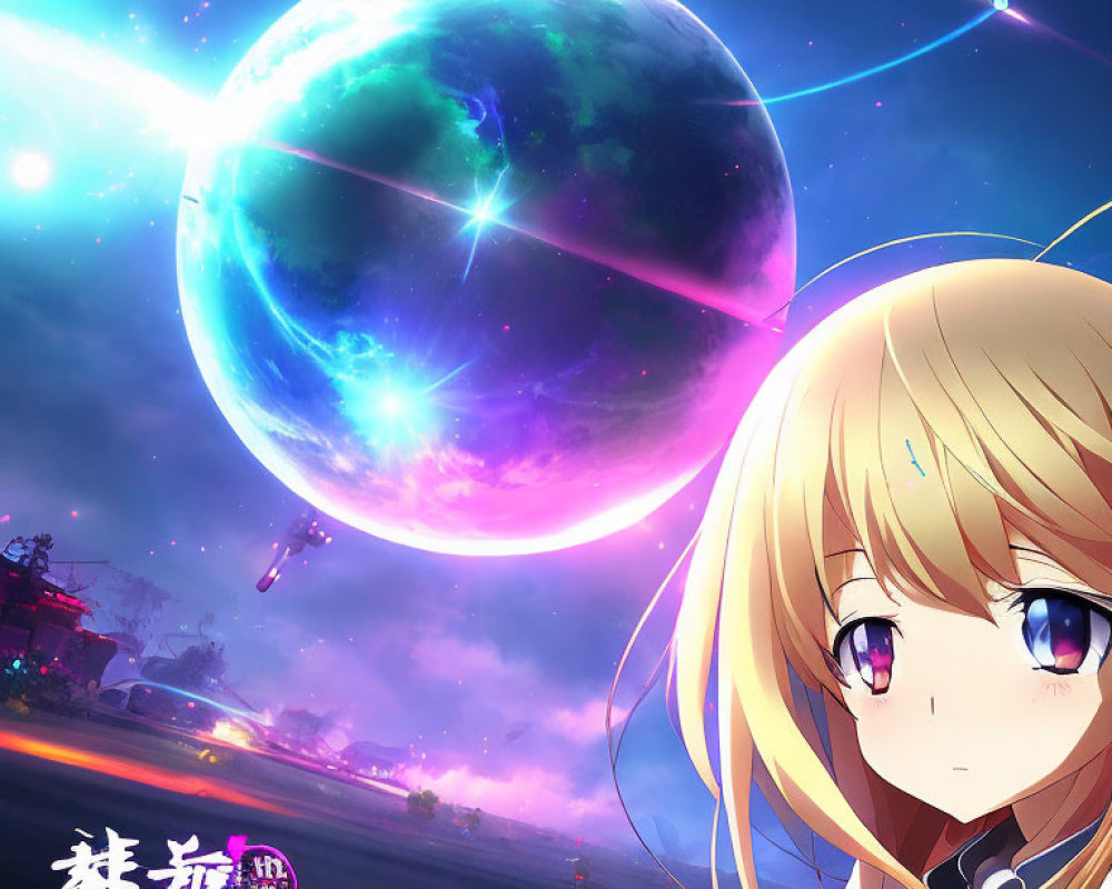 Blond Girl with Purple Eyes and Cosmic Planet Scene
