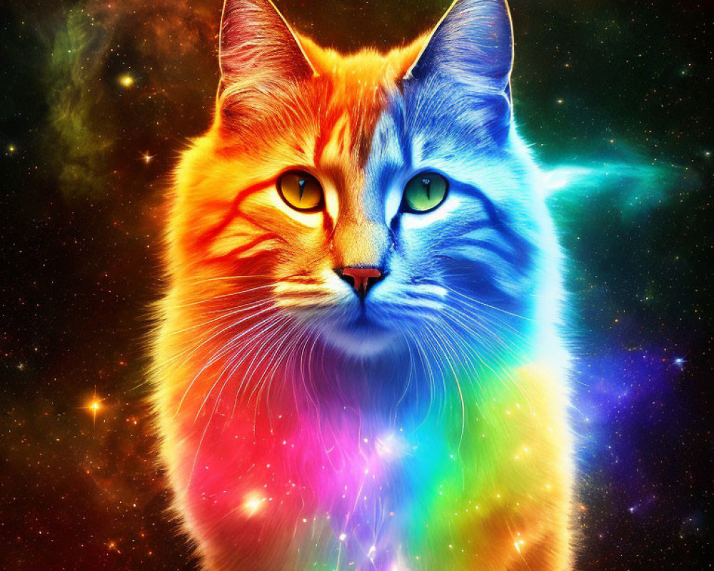 Colorful Digital Art: Illuminated Cat in Cosmic Starfield