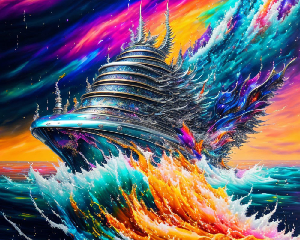 Surreal painting: futuristic spaceship over fiery sea