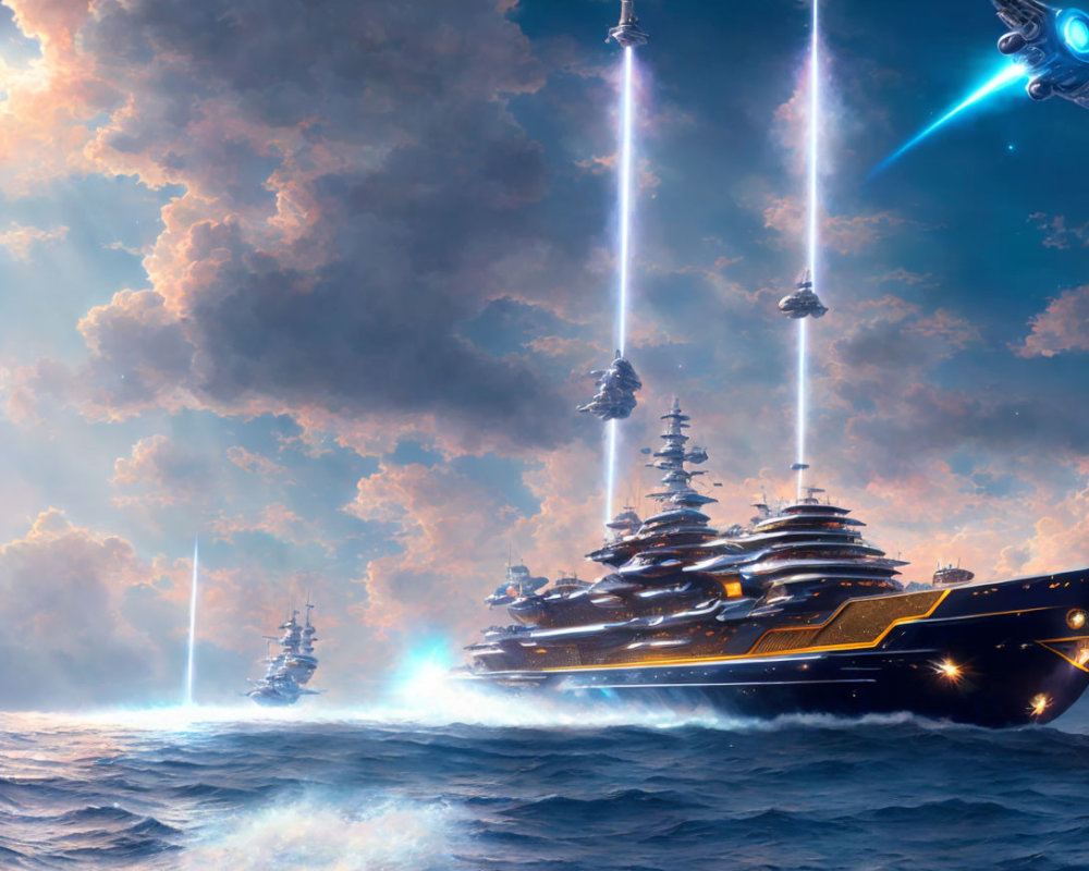 Futuristic battleships firing energy beams under dramatic sky with spaceship.
