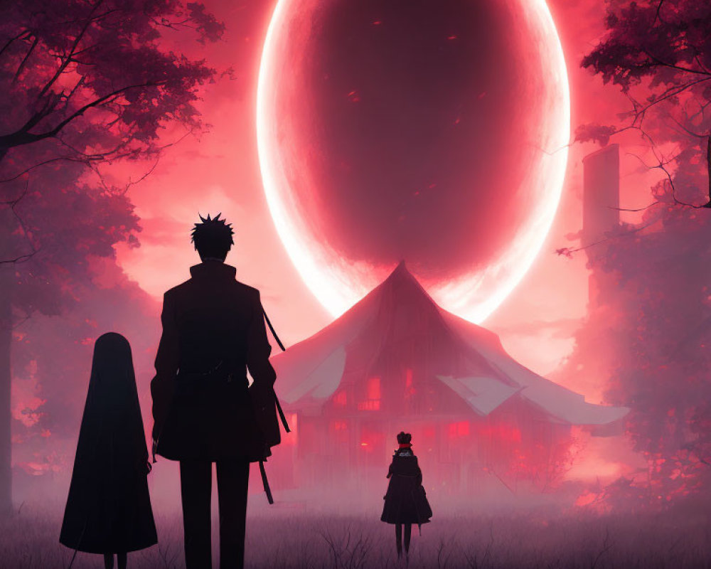 Silhouetted group under large red moon by Japanese structure in crimson forest