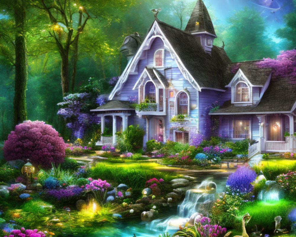 Victorian-style house in magical garden with stream, moon, and butterflies