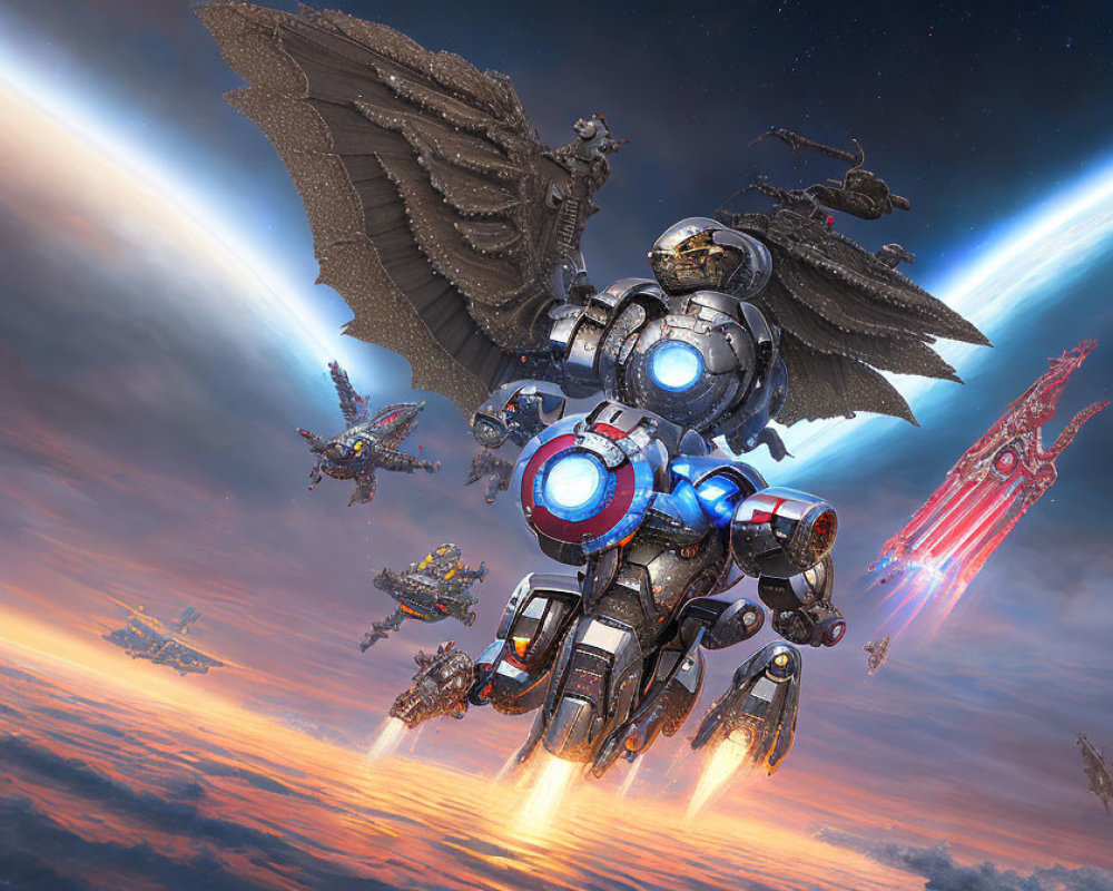 Robotic angel in space battle with ships and lasers