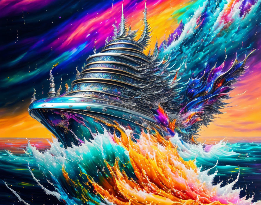 Surreal painting: futuristic spaceship over fiery sea