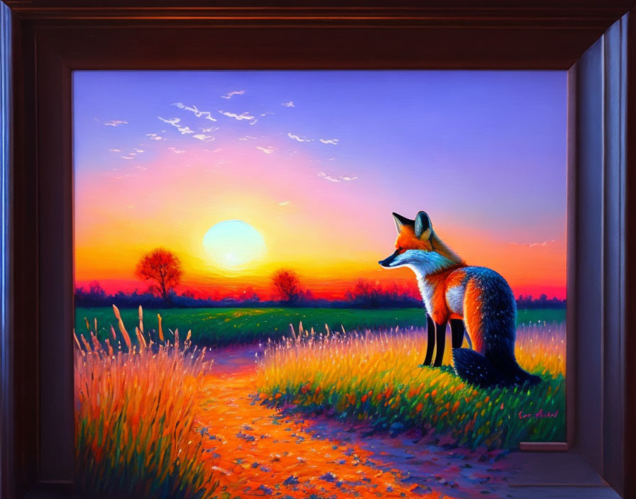 Vivid painting of fox at sunset in serene field