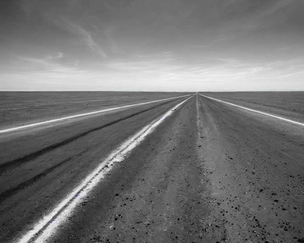 Monochrome photo of straight road under cloudy sky