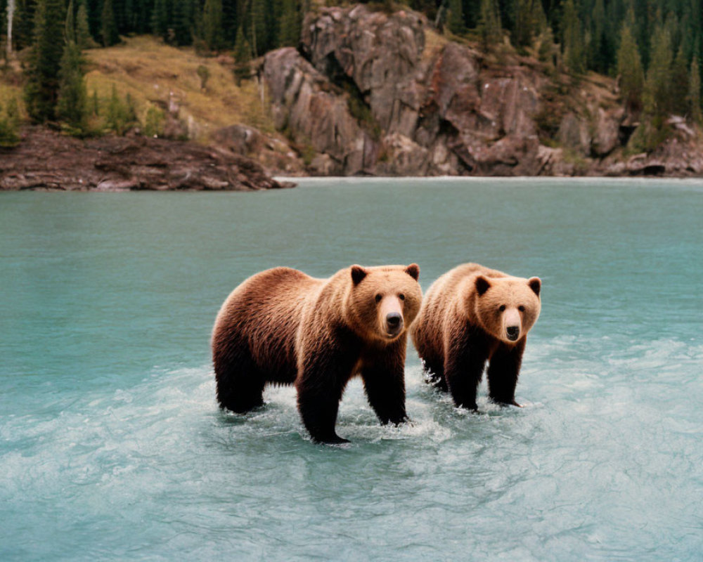 Brown bears in river with forested bank and rocky outcrop