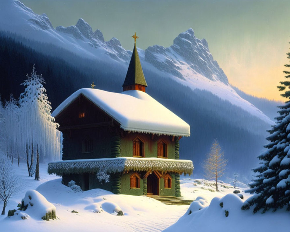Snowy Landscape with Chapel and Mountain Peaks at Dawn or Dusk