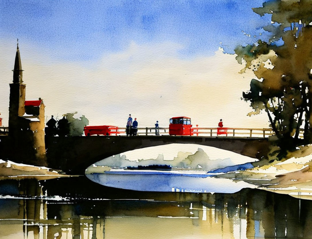 Scenic watercolor painting of bridge, people, red bus, and buildings under blue sky