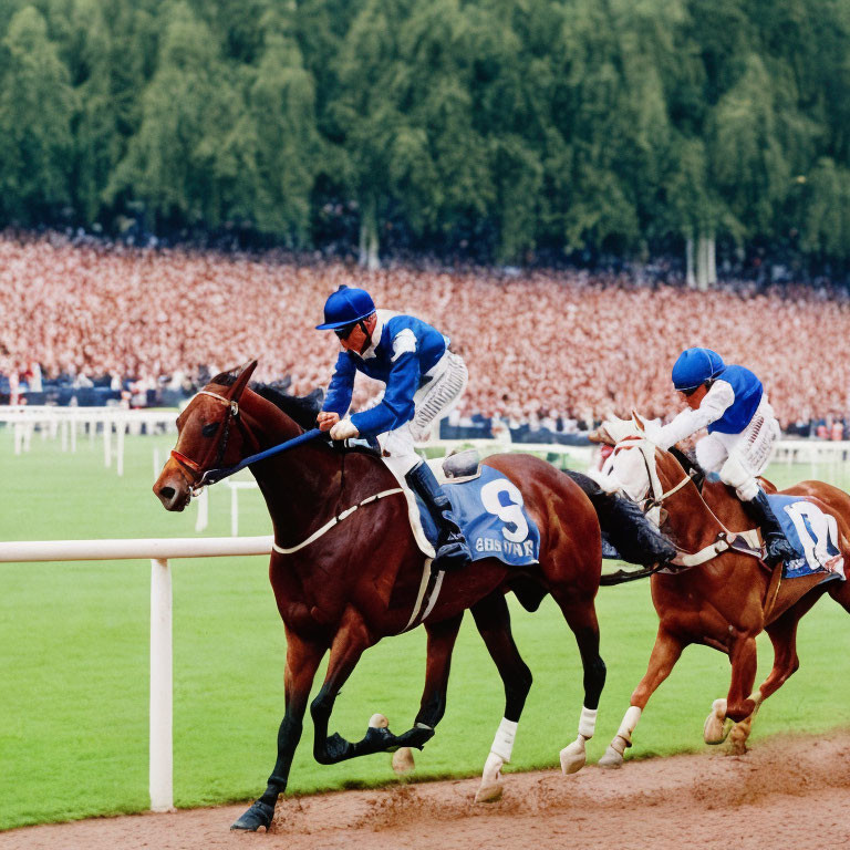 Two jockeys in blue silks on thoroughbreds racing on a dirt track.