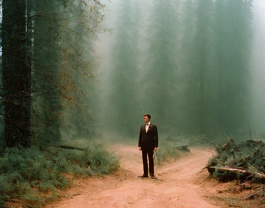 Man in Dark Suit Stands in Foggy Forest Clearing