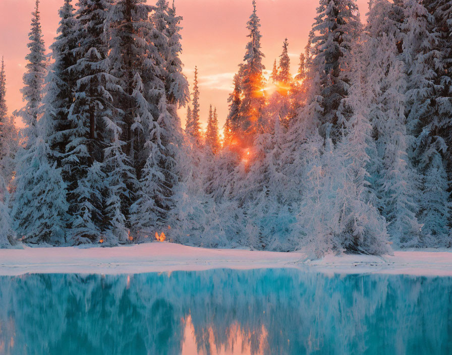Snow-covered trees and tranquil lake in serene winter sunset