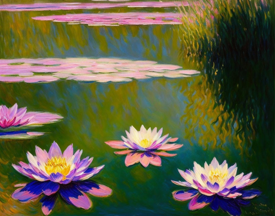 Colorful painting of purple and pink water lilies on serene pond with reflections.