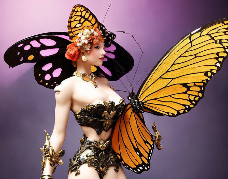 Elaborate Butterfly Costume with Vibrant Wings on Purple Background