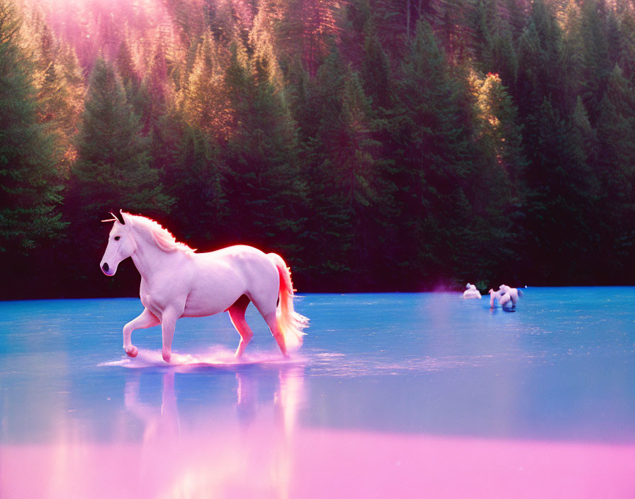 White unicorn galloping in surreal pink landscape with shiny blue ground