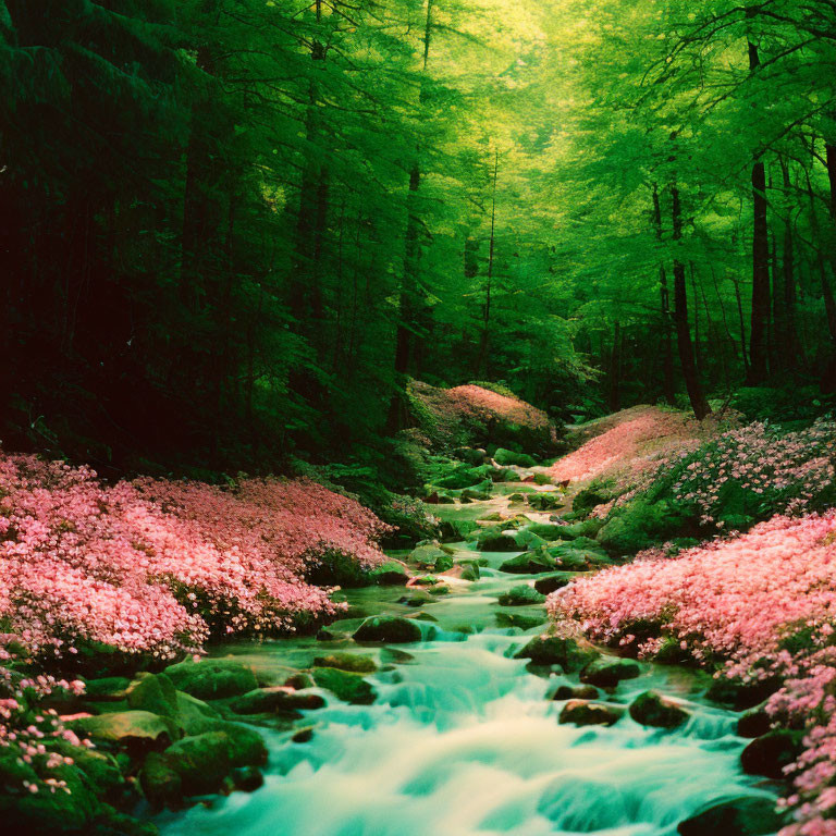 Tranquil forest stream with pink petals and green trees