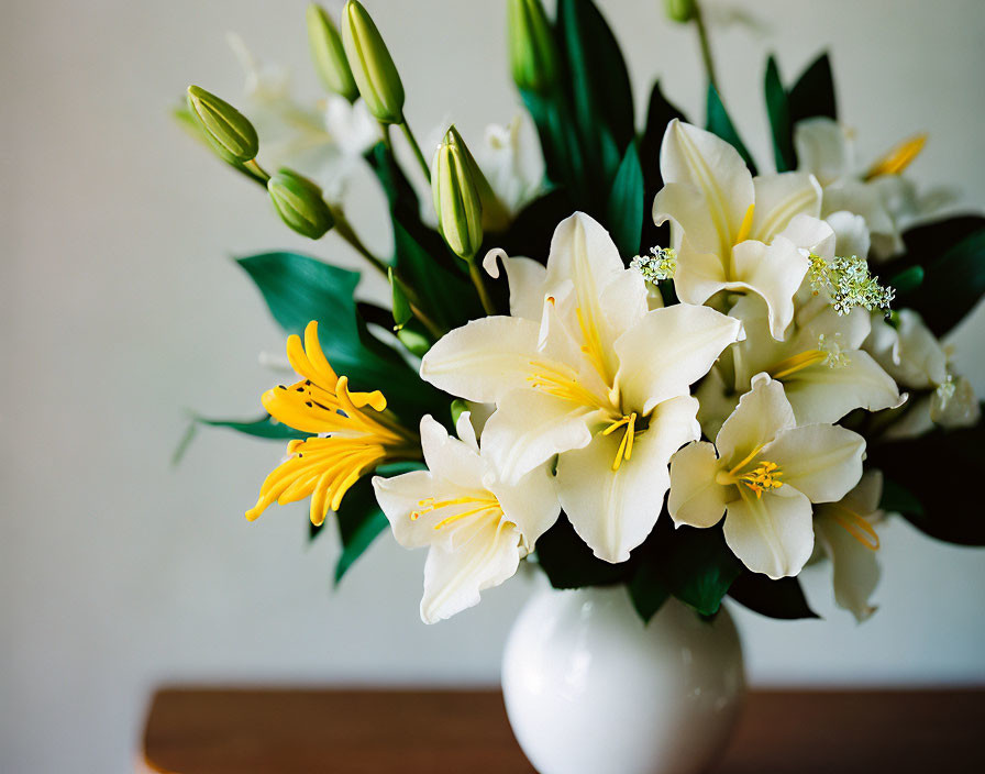 Fresh White Lilies Bouquet in Simple White Vase on Neutral Background