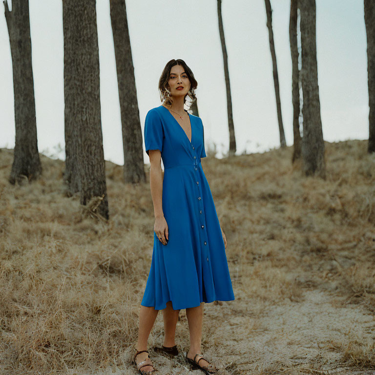 Woman in Blue Dress Standing in Forest with Tall Trees