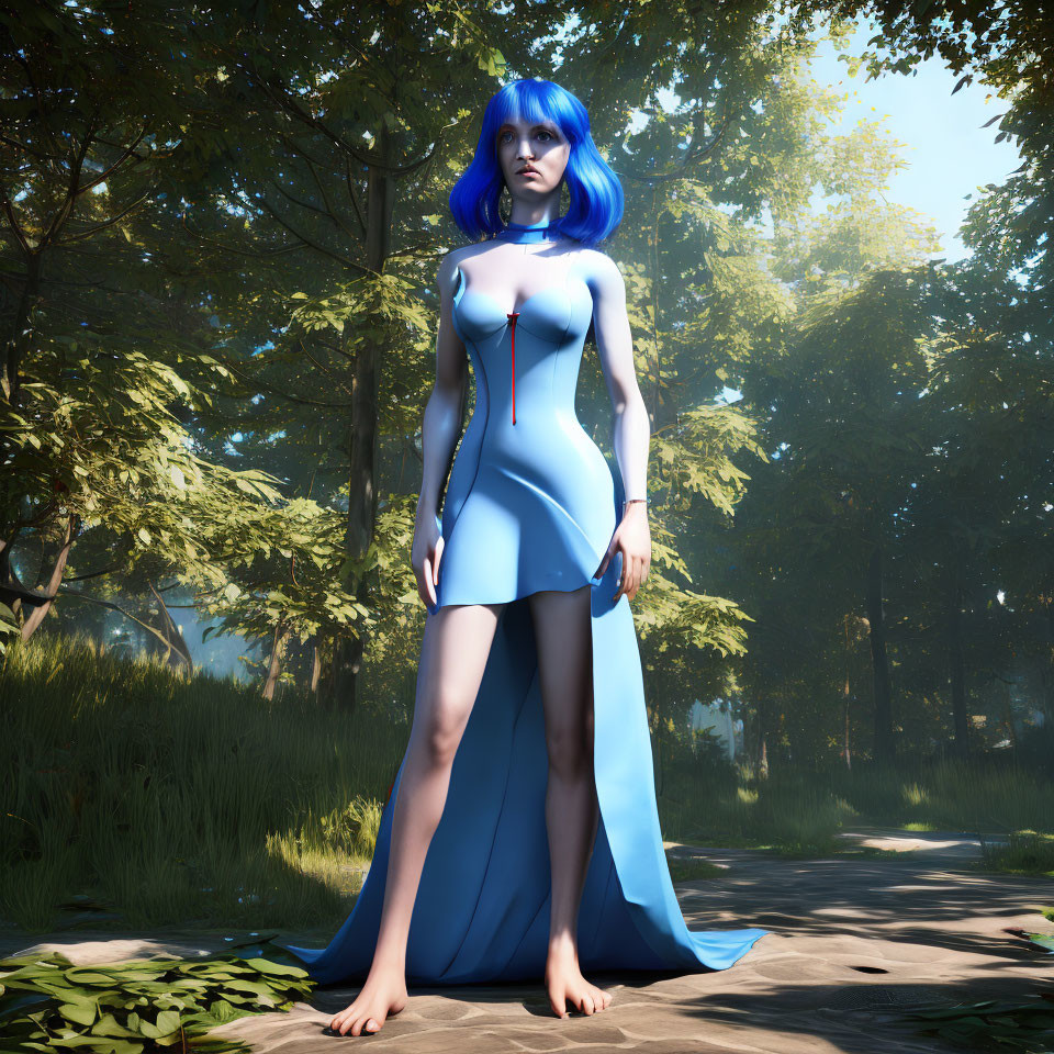Female figure with blue hair in futuristic dress on forest path with sunlight.