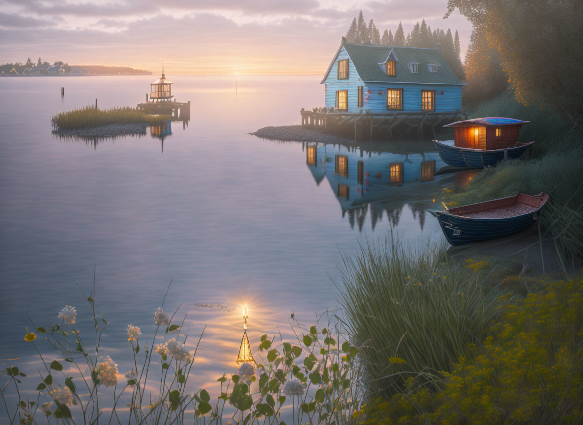 Tranquil sunset scene with blue house, dock, lighthouse, boats, and wildflowers
