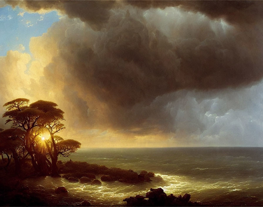 Seascape painting: Golden sunset, storm clouds, ocean, trees.