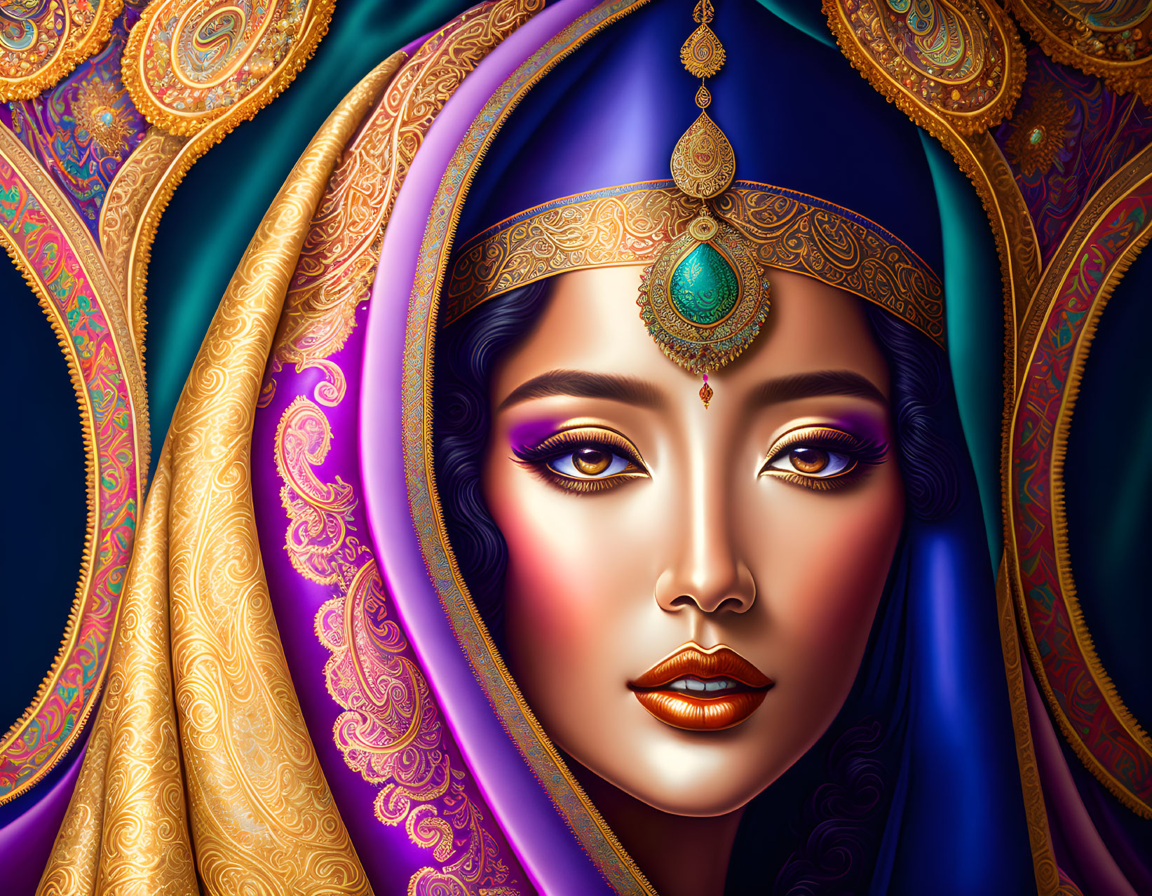 Illustrated portrait of woman in blue and gold sari with ornate headpiece