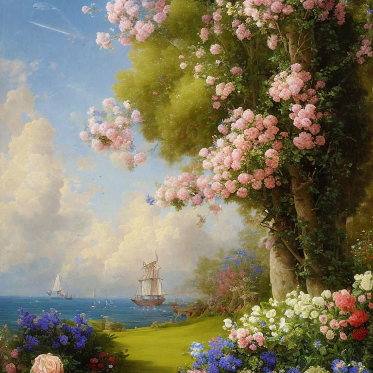 Tranquil painting of blooming flowers by the sea with sailing ships in the distance