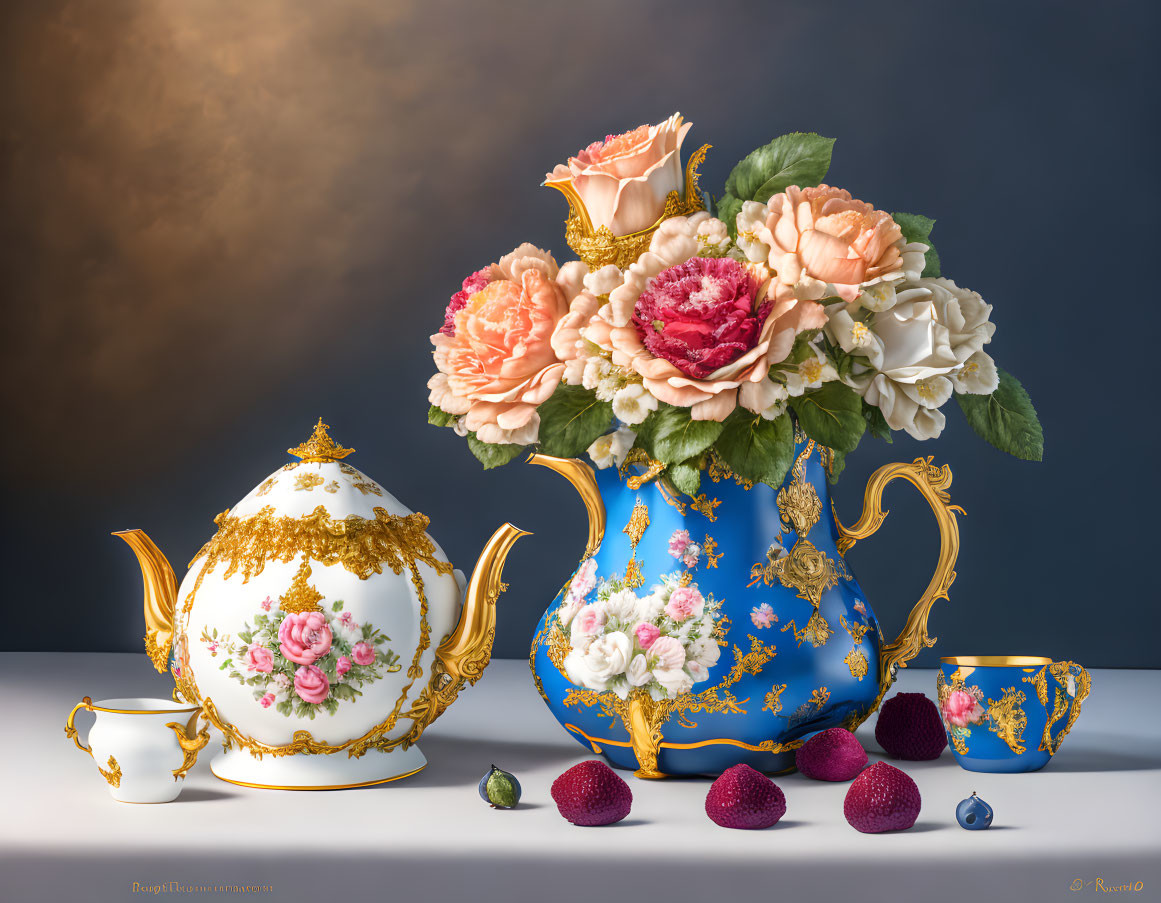 Gold-detailed white teapot, blue vase with roses, teacup, and berries on tabletop