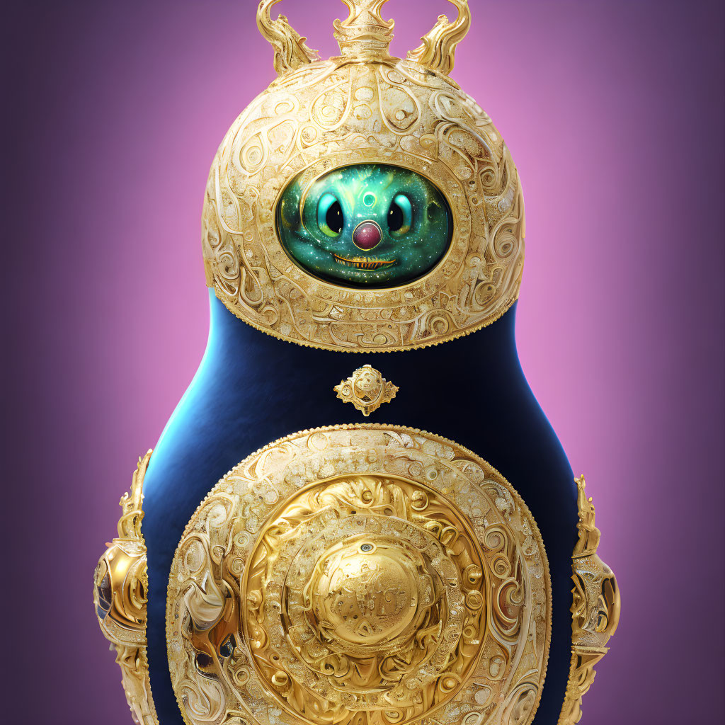 Round green eyes and pink nose on whimsical creature in Fabergé egg on purple background