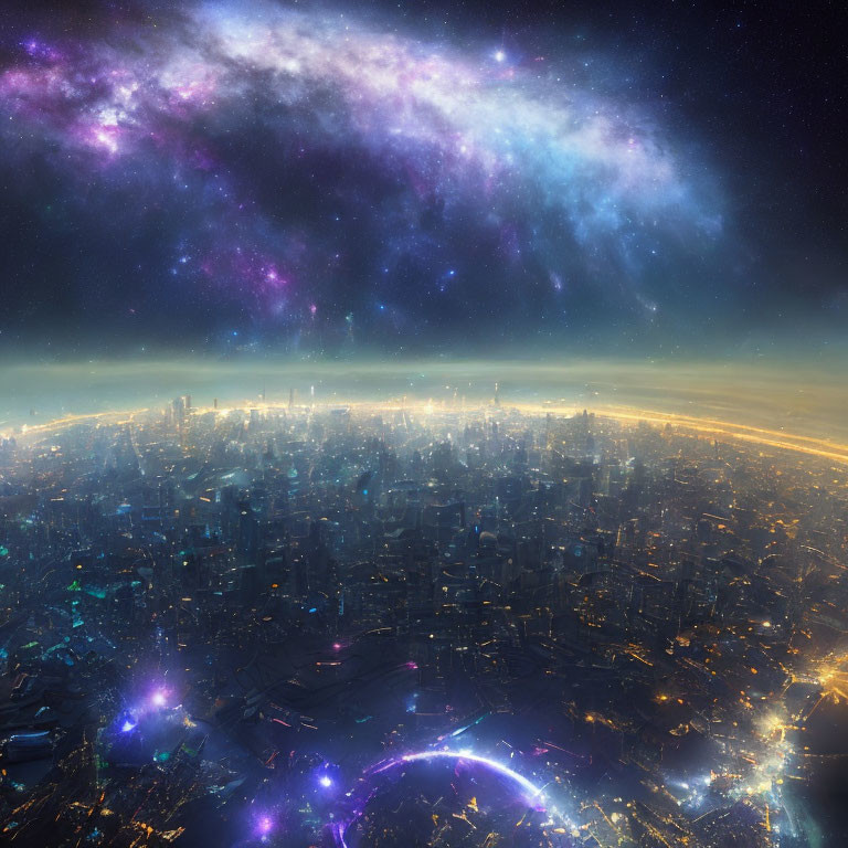 Vibrant galaxy above futuristic cityscape at night
