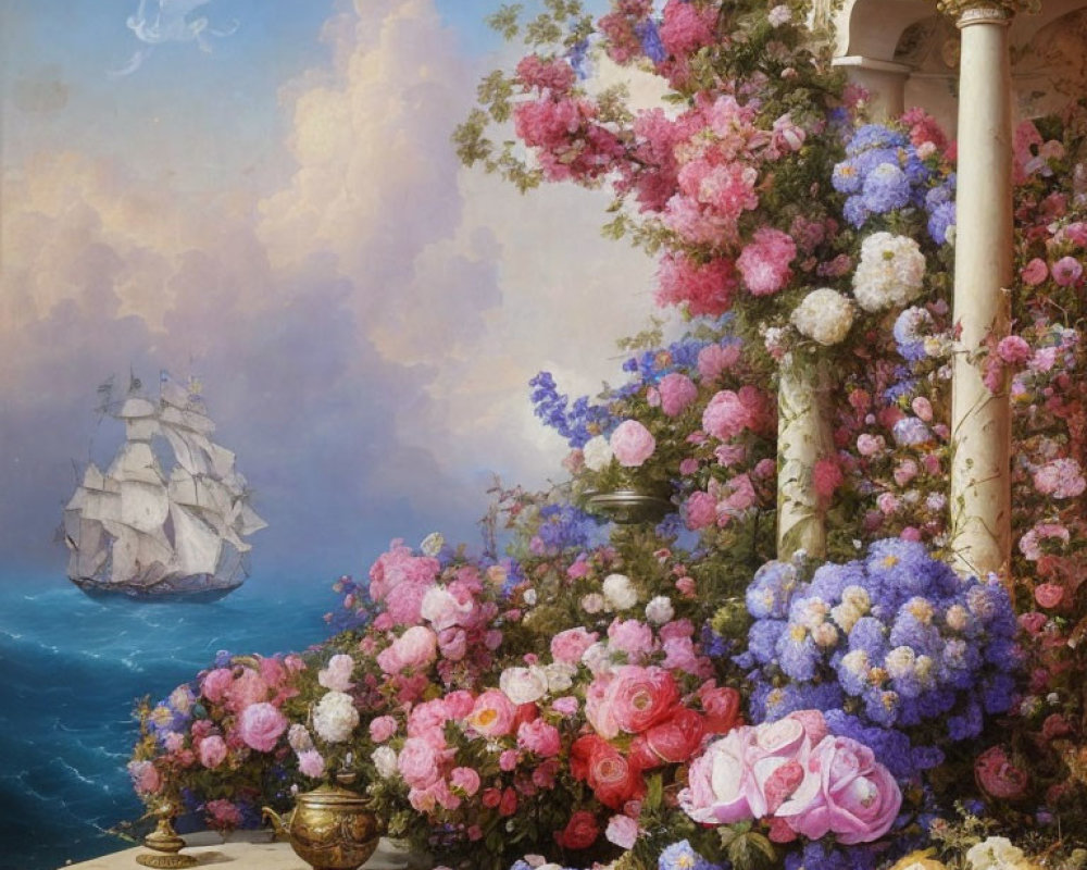 Colorful Rose Bouquet with Classical Column and Sailing Ship Painting