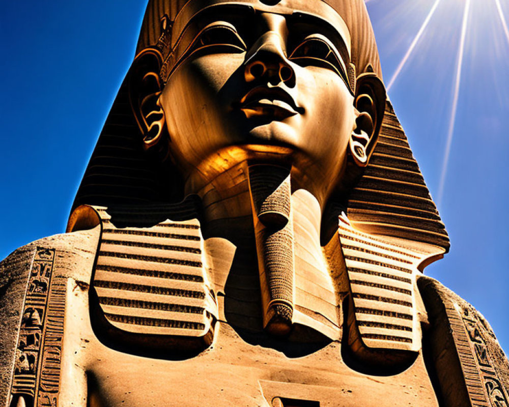 Ancient Egyptian Pharaoh Statue Against Blue Sky and Sun Rays