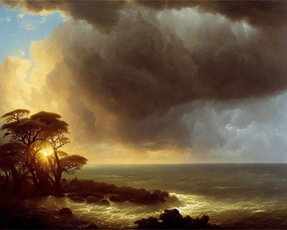 Seascape painting: Golden sunset, storm clouds, ocean, trees.