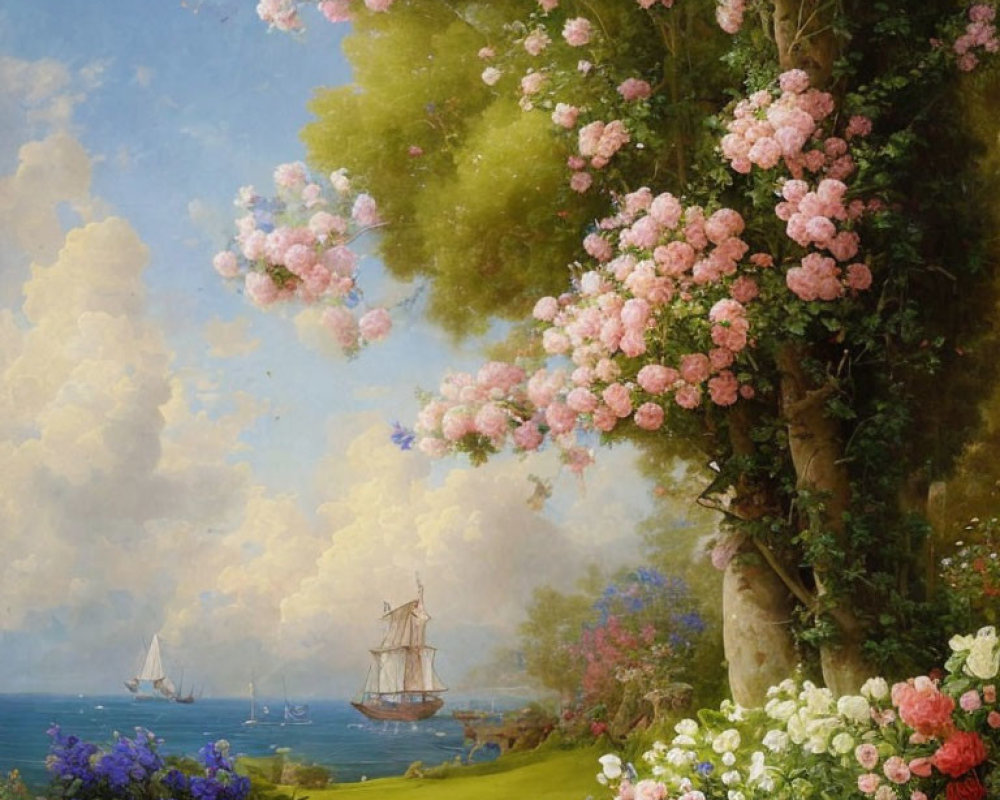 Tranquil painting of blooming flowers by the sea with sailing ships in the distance